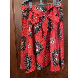 Women's African Print Midi Skirt Tie Bow Size 14 Red Black Gold
